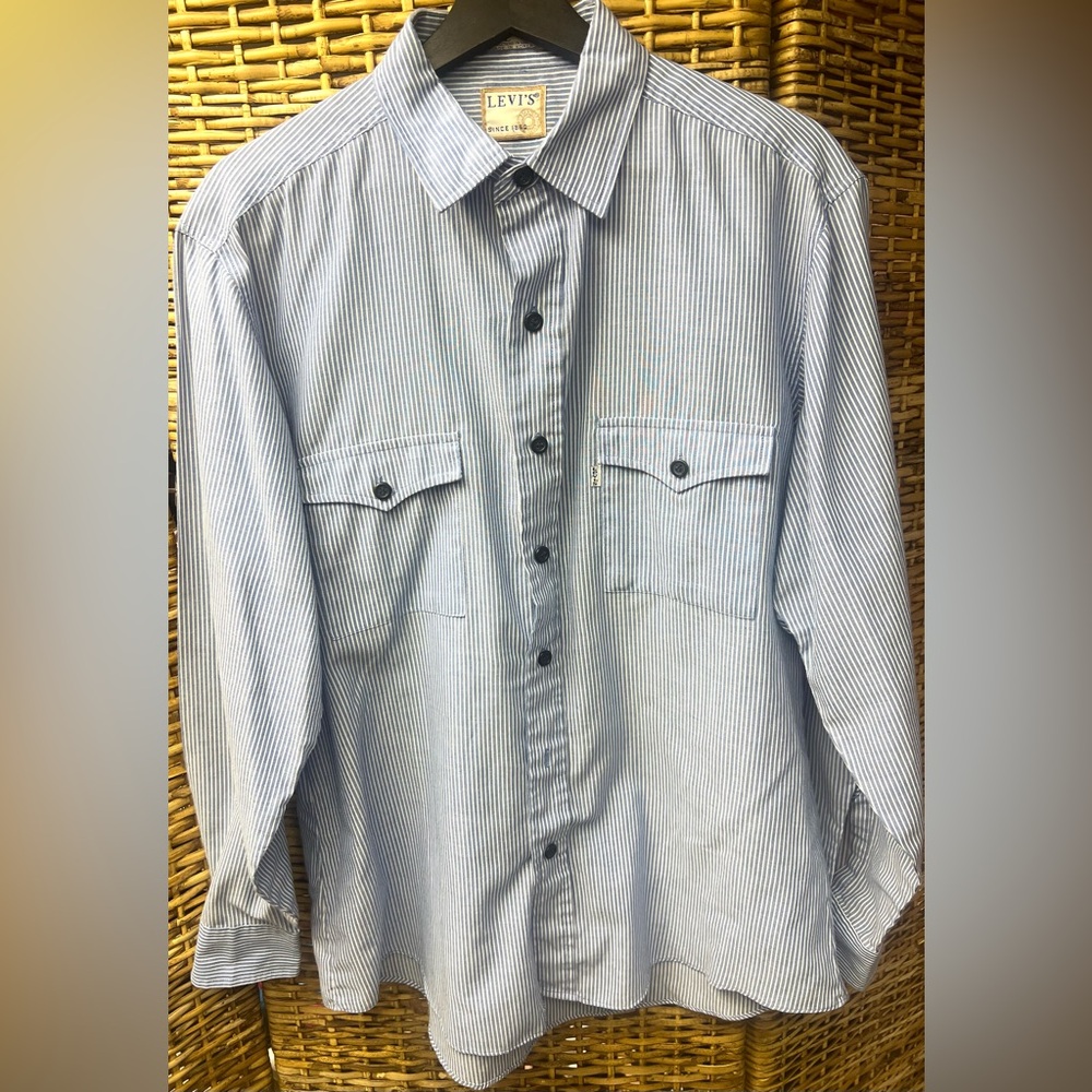 Levi’s Vintage Blue/White Stripe shirt-Size: Large, Missing 2nd/bottom Button